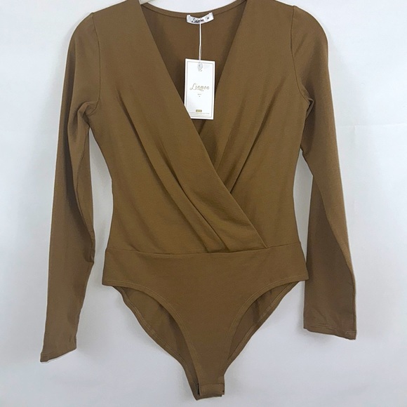 LINMON Mocha Long Sleeve Bodysuit Surplice Ruched Plunge V Neck Stretchy… - Picture 6 of 10